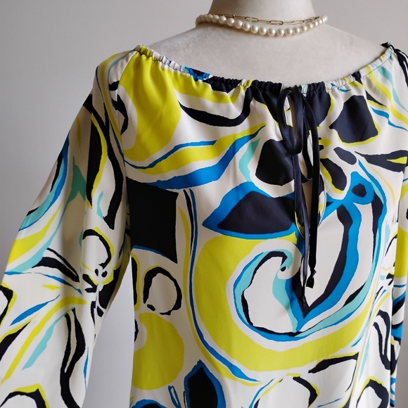 Banana Republic Dresses & Skirts - Banana Republic Silk Dress Abstract Floral Navy Blue Yellow Shift Tropical Sz M